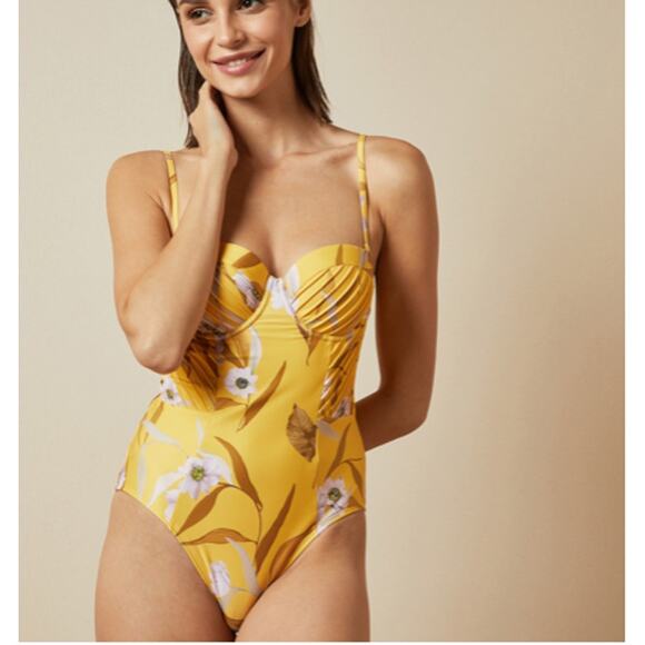 Ted Baker Womens Cabana Balconette Swimsuit Yellow Floral Removable Straps 12 - Picture 1 of 16